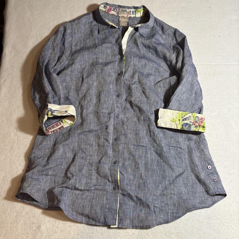 Chicos Shirt‎ Womens 0 US 4/6 Blue Linen No Iron Button Up Roll Tab Sleeve
